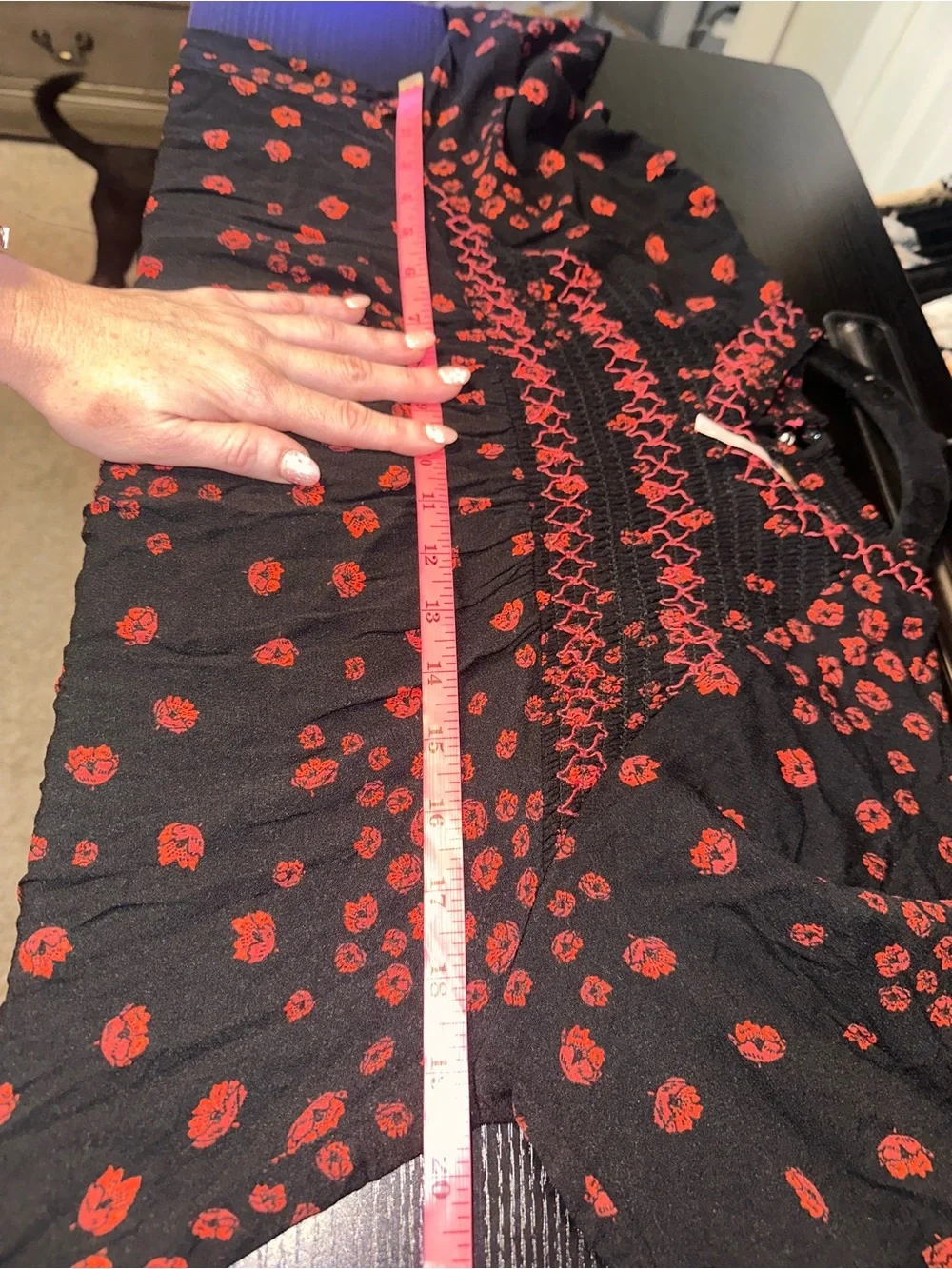 Free People Size Small Black Blouse with Red Floral Smocking